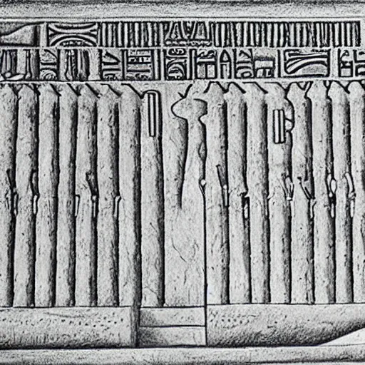 Prompt: detailed pencil drawing of ancient Egyptian temple from 4th millennium BC