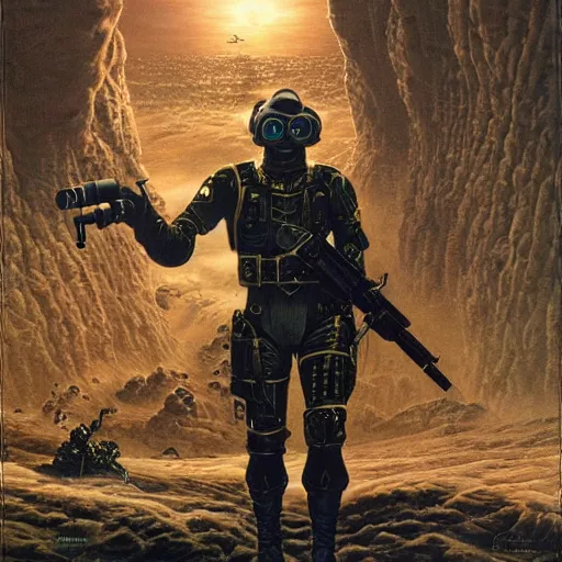 Image similar to painting of a futuristic soldier with advanced night vision goggles, military black outfit by jeff easley and peter elson, surreal + highly detailed, intricate complexity, epic composition, scifi atmosphere + masterpiece, award winning + trending on artstation