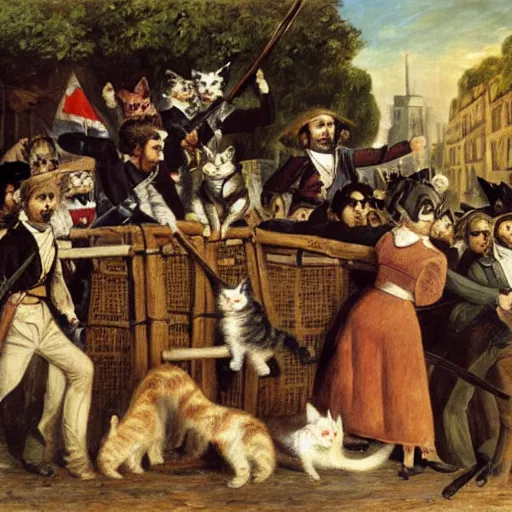 Image similar to Cat revolutionaries in various costumes on a barricade in Paris, 1848, oil on canvas, by Delacroix, 8k