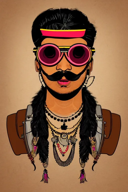 Prompt: face portrait of an indian man with long neon moustache rajasthani pagdi wearing madmax style steampunk goggles and steampunk jewelry, art by butcher billy, sticker, colorful, illustration, highly detailed, simple, smooth and clean vector curves, no jagged lines, vector art, smooth