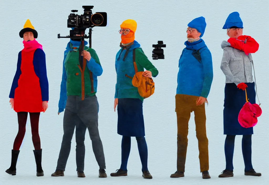 Image similar to full body portrait of a trio of european tourists cold climate travel apparel, with nikon cameras, various poses shooting photos, character designs painting, in the style of wes anderson, rene magritte, lola dupre, david hockney, isolated on white background, dark monochrome neon spraypaint accents volumetric octane render