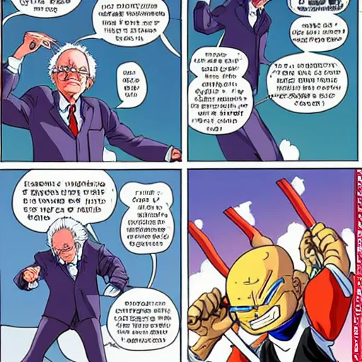 Image similar to bernie sanders fighting freeza in the art style of akira toriyama