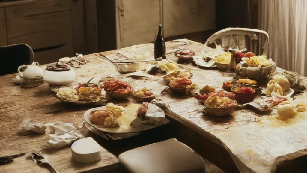 Image similar to Cursed food on the kitchen table, film still from the movie directed by Denis Villeneuve with art direction by Salvador Dalí, wide lens