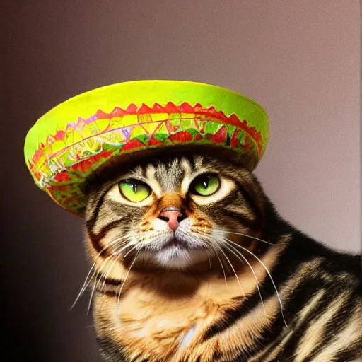 Image similar to hyperrealistic, cute feisty expressive tabby cat with a sombrero tucking, highly detailed, hyper detail, cottagecore!!, well lit, dynamic pose