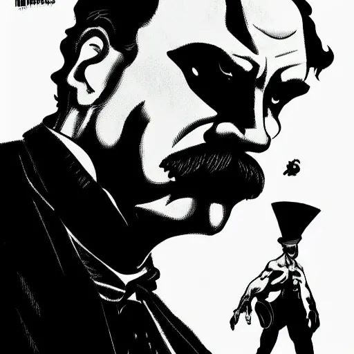 Prompt: Friedrich Nietzsche Gigachad with chiseled jawline, Mike Mignola, Tomer Hanuka, character art, trending on artstation