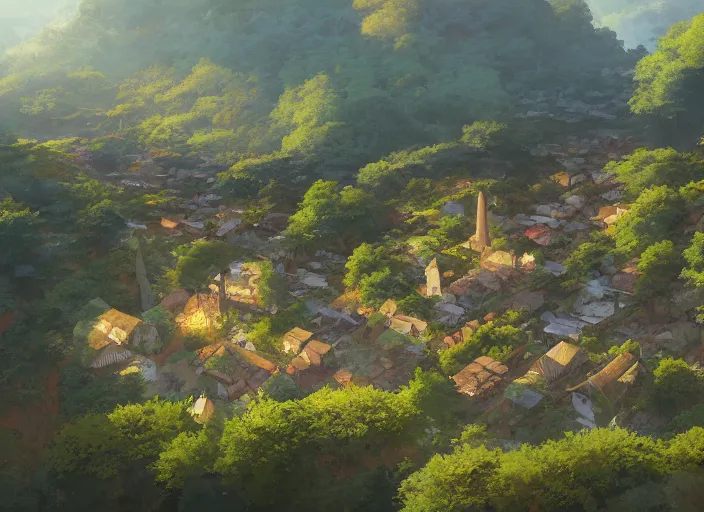 Image similar to concept art painting of a small woodland village in a valley seen from above, european japanese buildings, early morning, cel shaded, detailed, realistic, by makoto shinkai and moebius and greg rutkowski and james gurney