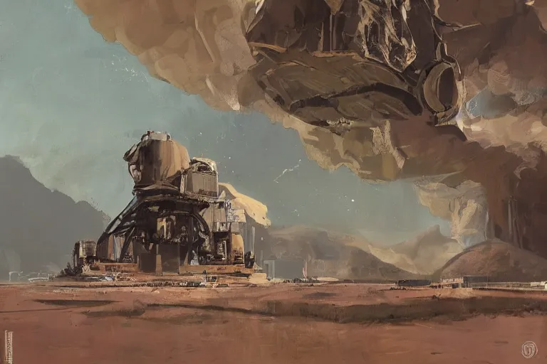 Prompt: A beautiful painting of a large complex moon base, a rocket launching in the distance, harsh lighting from low on the horizon, by greg rutkowski and ralph mcquarrie, Trending on buttstation, blues grays and brown hues, cdx