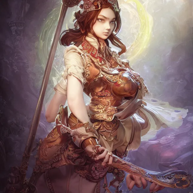 Image similar to studio portrait of neutral good colorful female cleric bard healer as absurdly beautiful, elegant, young skinny gravure idol, ultrafine hyperrealistic illustration by kim jung gi, irakli nadar, intricate linework, sharp focus, bright colors, octopath traveler, final fantasy, unreal engine highly rendered, global illumination, radiant light, detailed intricate environment