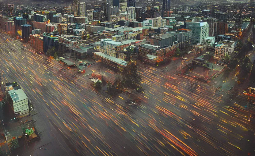 Image similar to 2011 Seattle rainy afternoon, aerial view , aerial view Cinestill 800t 18mm, heavy grainy picture, very detailed, high quality, 4k panoramic, billboards and streetlight at night, rain, mud, foggy