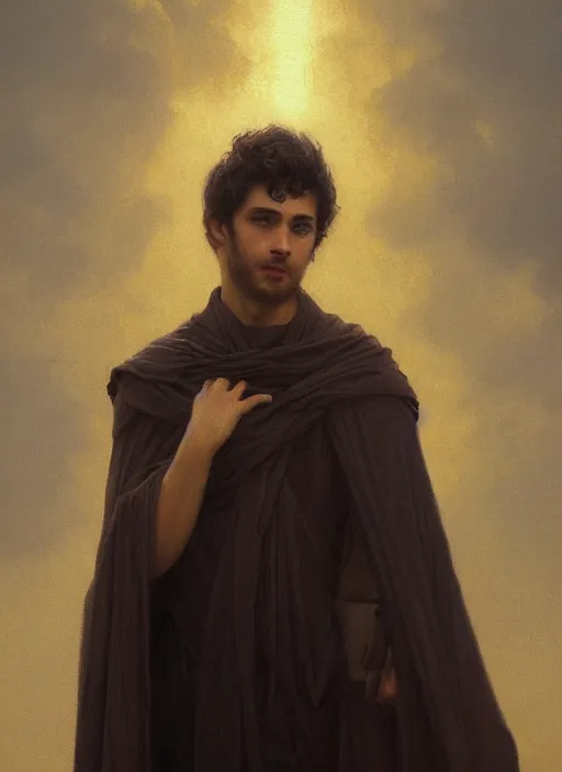 Image similar to oil painting of a handsome young man with dark hair, wearing a crown of fire!! at sunset, and a long cloak, hazy, digital art, chiaroscuro, artstation, cinematic, golden hour, digital art painting by greg rutkowski, william - adolphe bouguereau, hazy atmosphere, cinematic lighting