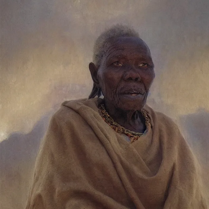 Prompt: a painting of a wise elder from Kenya by Henry Ossawa Tanner . dramatic angle, ethereal lights, details, smooth, sharp focus, illustration, realistic, cinematic, artstation, award winning, rgb , unreal engine, octane render, cinematic light, macro, depth of field, blur, red light and clouds from the back, highly detailed epic cinematic concept art CG render made in Maya, Blender and Photoshop, octane render, excellent composition, dynamic dramatic cinematic lighting, aesthetic, very inspirational, arthouse.