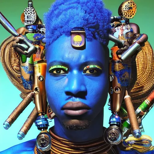 Image similar to a realistic portrait of the african god of the war and technology ogun with cyberpunk and afrofuturist weapons wearing blue, highly detailed, afrofuturist, cyberpunk, photorealistic.