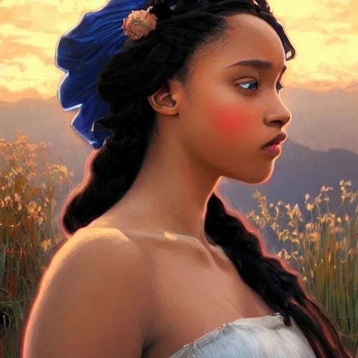 Image similar to a Photorealistic dramatic hyperrealistic bright blue eyes, African American elegant girl, black hair, white veil,by WLOP,Artgerm,Greg Rutkowski,Alphonse Mucha, Dang My Linh, Beautiful dynamic dramatic bright sunset lighting,shadows,cinematic atmosphere,Artstation,concept design art,Octane render,8k, godrays-C 12.0