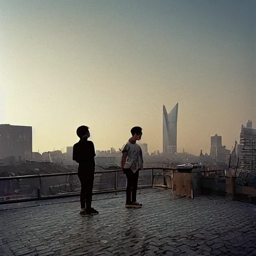 Image similar to a small rooftop with a couple of modern teenagers, standing and talking to each other, highly detailed, wearing black modern clothes, modern shanghai bund is on the background, dust, sunset, by gregory crewdson