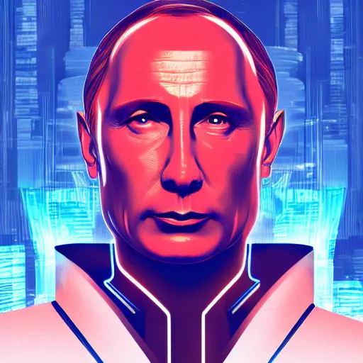 Image similar to cyberpunk vladimir putin as the leader of a futuristic communist nation, cybernetics, sharp lines, digital, artstation, colored in