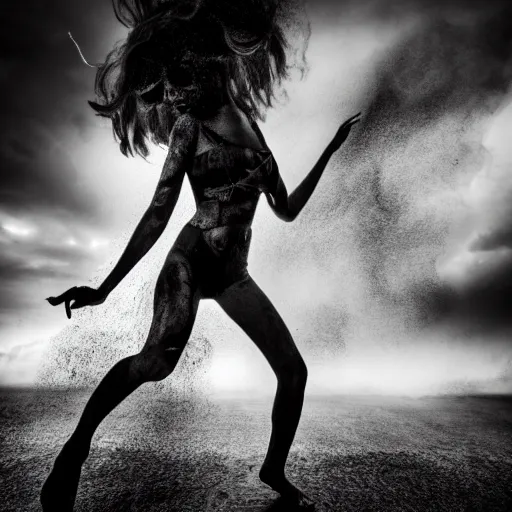 Image similar to wild woman dancing in an epic storm with lightning, fire, creepy shadows, Tim Burton, black and white photograph, 40mm, hyper detailed, 8k, clear