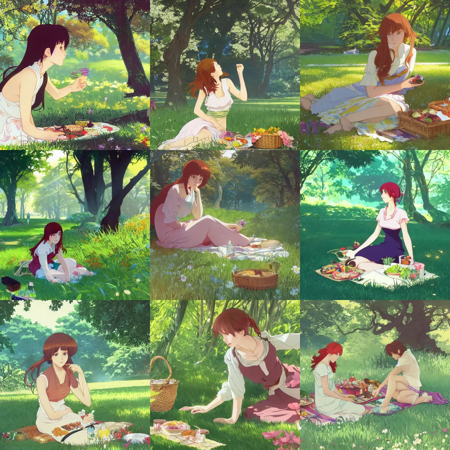 Prompt: A young woman having a picnic in a lush park, facial focus, highly detailed, artstation, official artbook, official Kyoto Animation and Studio Ghibli anime screenshot, by Ilya Kuvshinov and Alphonse Mucha