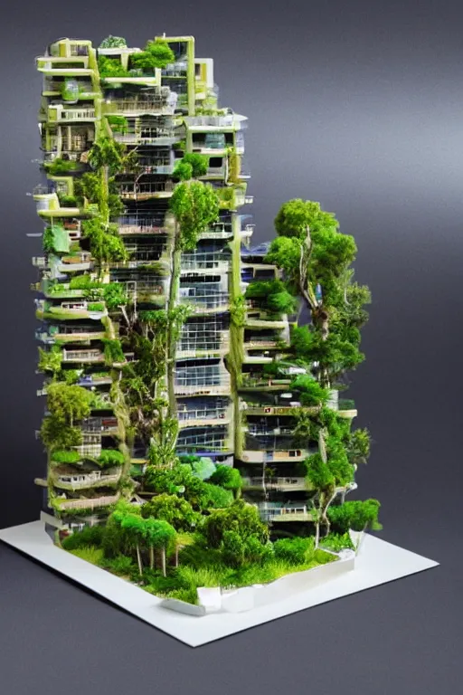 Prompt: 3 d printed physical model organic including more than one city into one vertical building model that sits on a table in a room with a view back with a golden rim details in the base, multiple stories, transparent, with vegetation, colorful, eye - level view, looking straigh ahead, 8 0 k, octane render, highly detailed 3 d render,