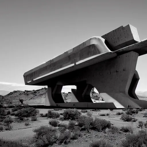 Prompt: Sci-Fi industrial futuristic futurism Brutalism brutalistic Angular huge huge carrying carrier vehicle desert