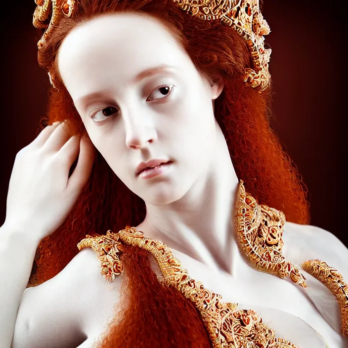 Image similar to photo portrait of a beautiful woman like a queen-ethereal-angel, dressed in long elegant intricate ornamental baroque white dress, natural skin tone, intricate fractal highly detailed baroque ornament in the upper side of breast, bust with a very long neck , elegant, highly detailed intricate baroque ornament in her red hair, Realistic, Refined, Highly Detailed, Cinematic Lighting, fine art photography by Paolo Roversi, volumetric studio lighting, hyper realistic photography
