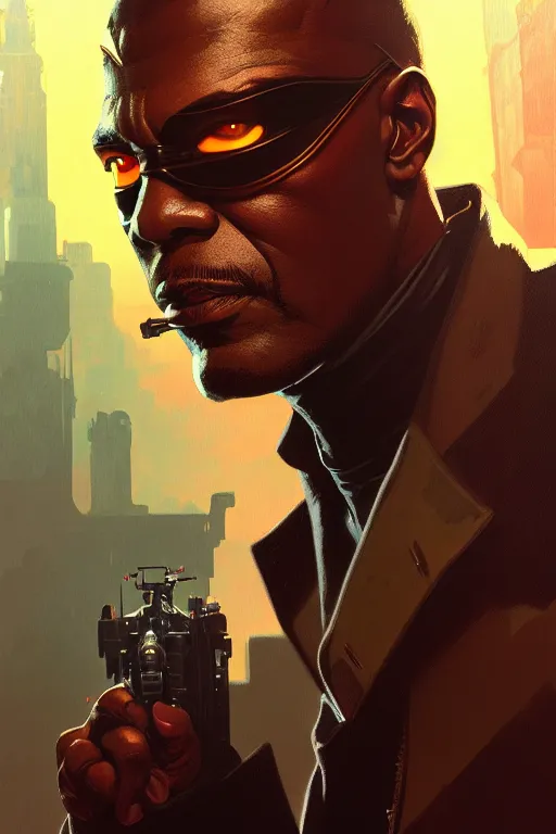 Image similar to a portrait of nick fury, fantasy, sharp focus, intricate, elegant, digital painting, artstation, matte, highly detailed, concept art, illustration, ambient lighting, art by ilya kuvshinov, artgerm, alphonse mucha, and greg rutkowski