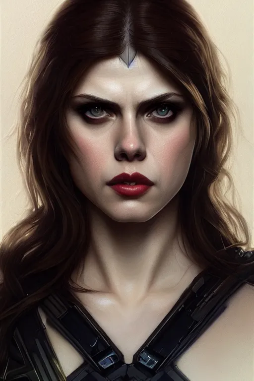 Image similar to alexandra daddario as black widow, realistic portrait, symmetrical, highly detailed, digital painting, artstation, concept art, smooth, sharp focus, illustration, cinematic lighting, art by artgerm and greg rutkowski and alphonse mucha