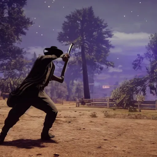 Image similar to killua dual-wielding in red dead redemption 2, cinematic shot, night time