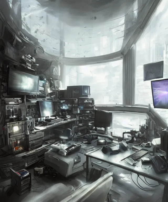 Image similar to artstation scifi scene of a complex computer workstation in a small studio apartment room, many monitors, many electronics, a window view, very detailed, maximalism, ambient occlusion, volumetric light, sun beam, atmospheric haze, unreal engine, hyper realism, realistic shading, cinematic composition, realistic render, octane render, detailed textures, photorealistic, wide shot