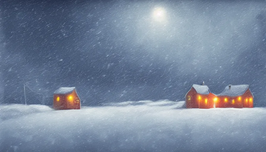 Image similar to Snowy Landscape with Blizzard! in a snowstorm!, a single Small shack in the distance with orange lights in the windows, snowstorm, digital art, highly detailed, blizzard, 4k