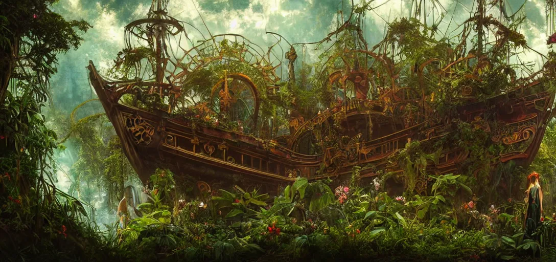 Prompt: epic fantasy render of a beautiful pirate ship in an old dilapidated amusement park overgrown with verdant flowers, dark retrowave, highly detailed, digital painting, cinematic, hyperrealism, rpg portrait, dynamic lighting, art by magali villeneuve and alphonse mucha, artstation, octane render, cgsociety