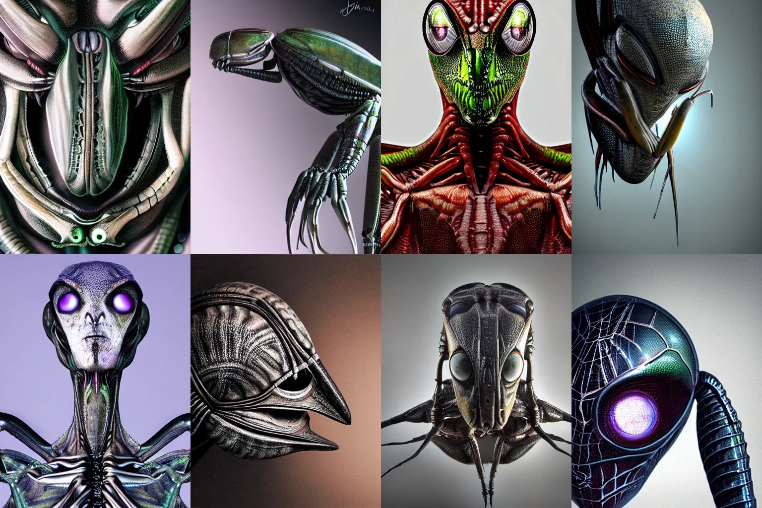 Prompt: organic alien in the form of mantis head, fullbody, hyperrealism, realistic photo, ultra detailed, surreal, heavy, technology, symmetrical front, dramatic lights, dark mood, horor, spider styles