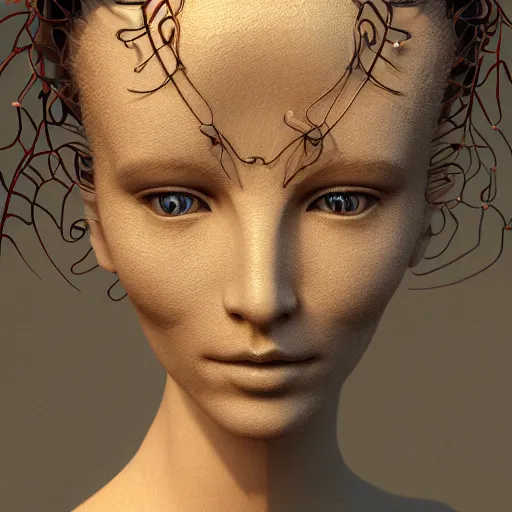 Image similar to complex 3d render ultra detailed of a beautiful porcelain profile woman face, red hazel eyes, vegetal dragon cyborg, 150 mm, beautiful natural soft light, rim light, golden niobium details, pione big leaves and stems, roots, fine lace, maze like, mandelbot fractal, anatomical, facial muscles, cable wires on body, microchip, elegant, white metallic armor, octane render, black and white, H.R. Giger style