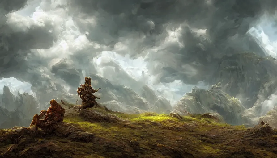 Prompt: excellent painted deamon in a surreal landscape in another dimension with fluffy clouds, painted by Hans Fredrik Gude, Greg Rutkowksi, Craig Mullins and Artgerm, concept art 2022, 4k, ultra realistic highly detailed oil painting