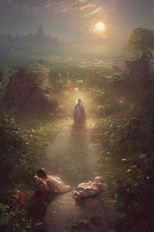 Prompt: after i die i will be reborn as a baby but i shall forget my former life, by greg rutkowski and thomas kinkade