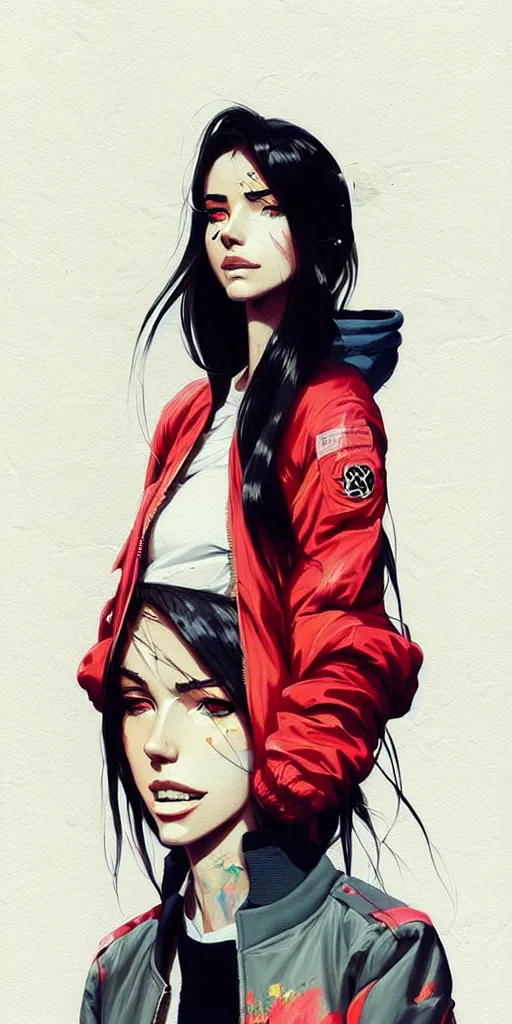 Image similar to a ultradetailed beautiful painting of a stylish woman wearing a bomber jacket, by conrad roset, greg rutkowski and makoto shinkai trending on artstation