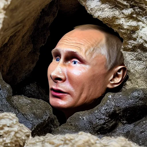 Image similar to photo inside a cavern of a wet reptilian humanoid putin partially hidden behind a rock, with black eyes, open mouth and big teeth