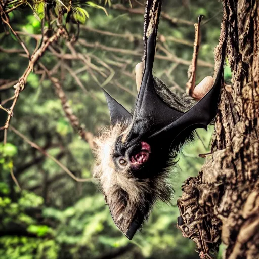 Prompt: hairy repugnant disgusting bat person hanging from a branch grimy grotesque high detail DSLR photography