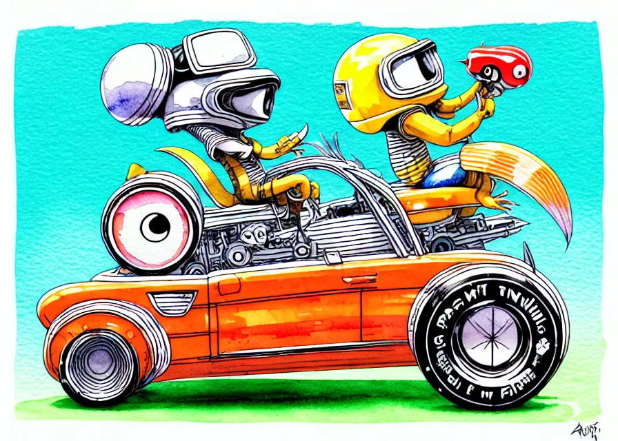 Prompt: cute and funny, ( stripe gremlin ) wearing a helmet riding in a hot rod with oversized engine, ratfink style by ed roth, centered award winning watercolor pen illustration, isometric illustration by chihiro iwasaki, edited by range murata, tiny details by artgerm and watercolor girl, symmetrically isometrically centered