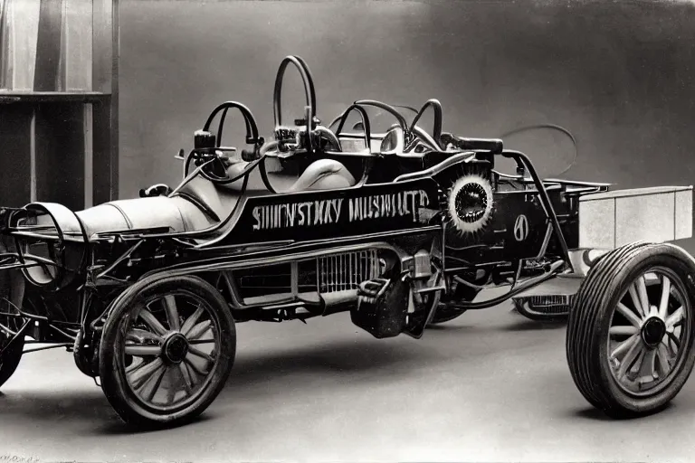 Image similar to cyberpunk 1 9 0 3 stanley steamer racecar, volumetric lighting, in a museum, museum exhibit, museum lighting, 9 0 s film photo