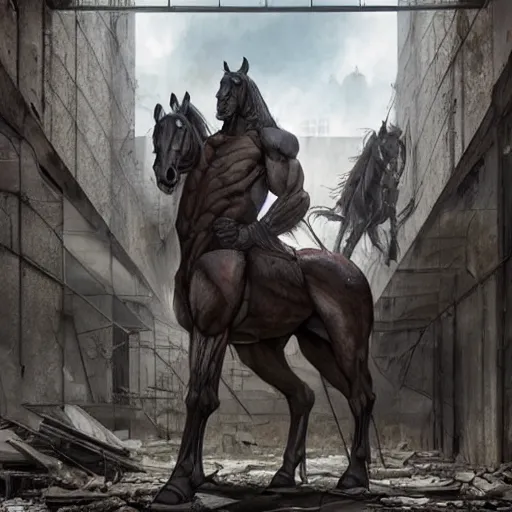 Prompt: a titanically muscular anthropomorphized horse with a magnificently massive physique wearing tight kevlar standing in the ruins of a facility, equine, highly detailed, digital painting, artstation, sharp focus, game art, concept art, illustration, art by artgerm, greg rutkowski, wlop