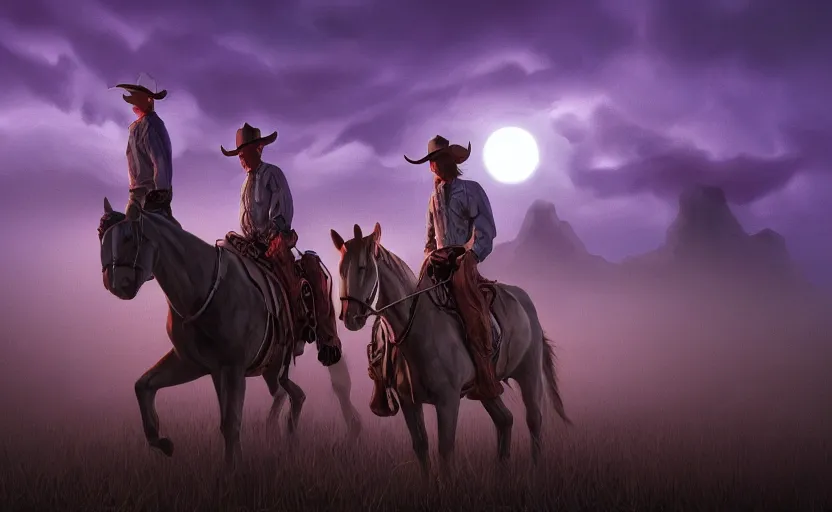 Prompt: cowboy dream, two suns, gloomy, fog, elaborate, detailed digital art, trending in artstation, purple color lighting