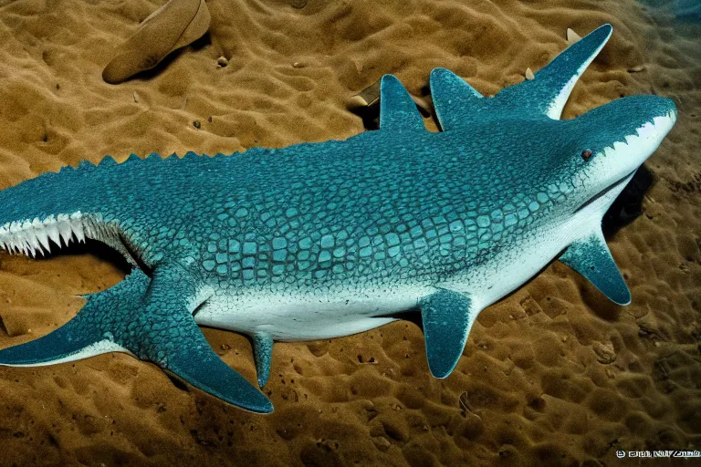 Image similar to a crocodile shark!!! hybrid! hyper realistic!! realistic lighting!! wildlife photographer of the year!!! bold natural colors, national geographic, hd, wide angle, 8 k