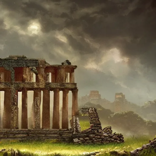 Prompt: A concept matte Painting of ancient aliens ruins, detailed, photorealistic, cinematic lighting, moody atmosphere,