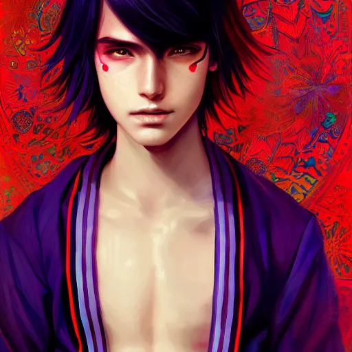 Image similar to colorful and festive captivating teenager boy with straight indigo hair, purple eyes with red eye markers, slim body, wearing a detailed japanese kimono. rich vivid colors, ambient lighting, dynamic lighting, 4 k, atmospheric lighting, painted, intricate, highly detailed by charlie bowater