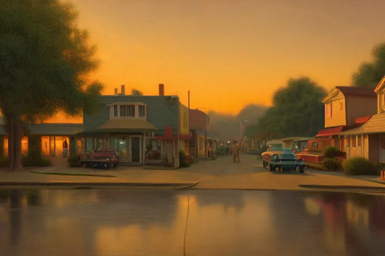 Image similar to a detailed cinematic render of a utopian 1 9 5 0 s american neighborhood at sunset by steven outram, photoreal, 4 k, technicolor