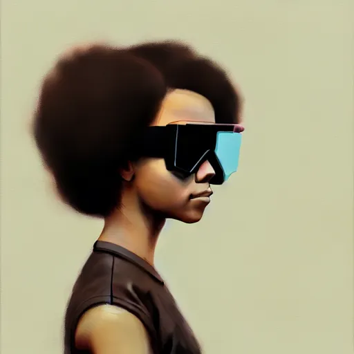 Image similar to Beautiful woman wearing opaque goggles profile picture by Greg Rutkowski, brown skin, long afro hair, asymmetrical, studio ghibli, Organic Painting , Matte Painting, geometric shapes, hard edges, street art, trending on the artstation, fantasy LUT, realistic by Sachin Teng,