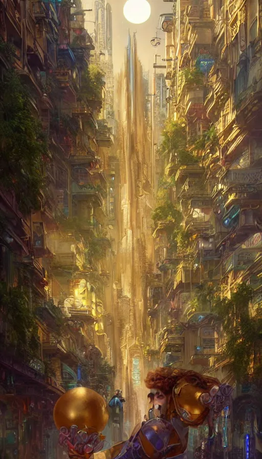 Image similar to golden goddess cutting a hyper realistic cyberpunk city in half with magic, crowded market street overtaken by lush plants, kittens, full moon, light rays, gnarly trees by tom bagshaw, mucha, gaston bussiere, craig mullins, j. c. leyendecker 8 k