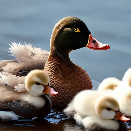 Image similar to a bald headed duck, with chicks, photo