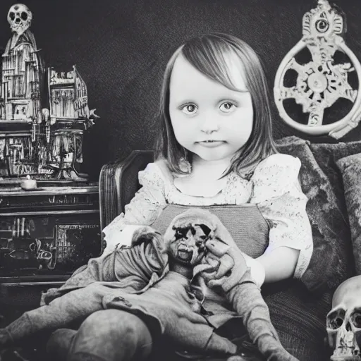 Image similar to a photo of young sad victorian gothic child with big eyes and wide grin sitting on a sofa of bones surrounded by a cyber futuristic cityscape made of human body parts, lighting, 5 0 mm, award winning photography