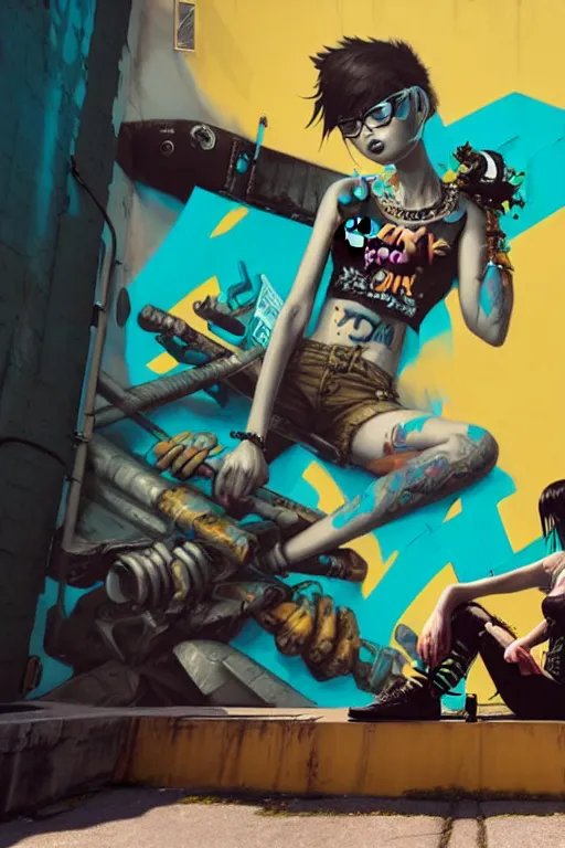 Image similar to punk girl sitting on extreme 3 d graffiti tag mural maximalism by atey ghailan, by greg rutkowski, by greg tocchini, by james gilliard, by joe fenton, yellow, brown, black and cyan color scheme, octane render